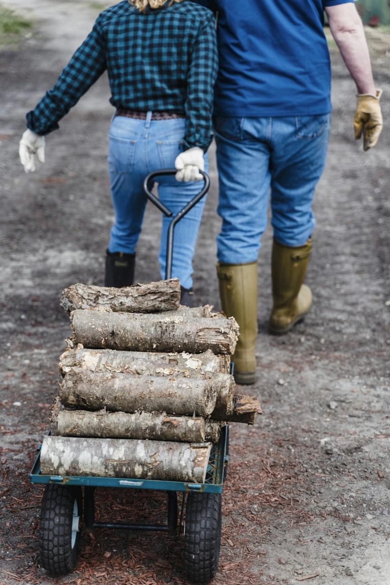 Two adults pulling a cart with wood logs in an outdoor setting, ideal for gardening themes.